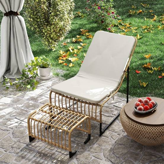 Fauteuil inclinable avec repose-pieds, résistant aux UV, avec coussin, en rotin, pour jardin et balcon, naturel - Image 8