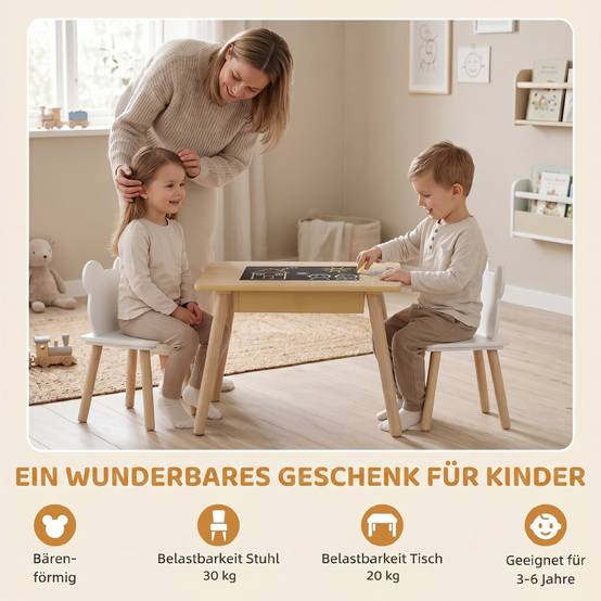 Table enfant avec 2 chaises, rangement, dossier forme ours, 3-6 ans, bois naturel - Image 7