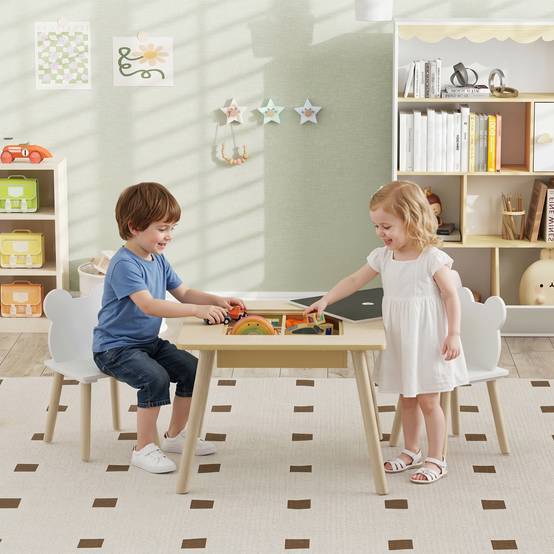 Table enfant avec 2 chaises, rangement, dossier forme ours, 3-6 ans, bois naturel - Image 3