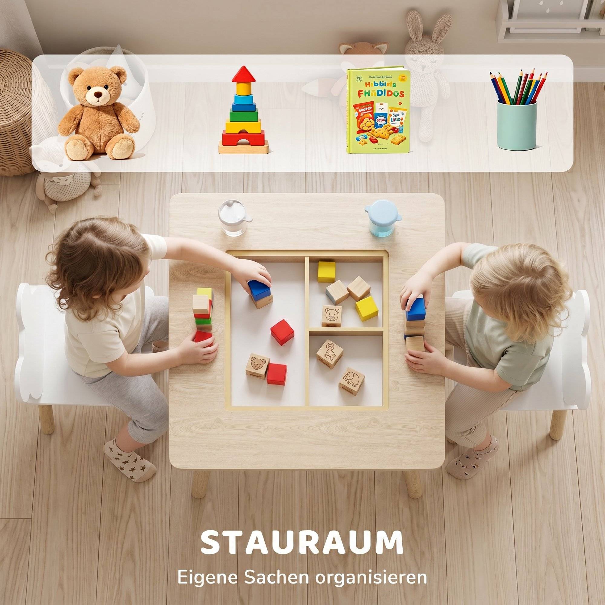 Table enfant avec 2 chaises, rangement, dossier forme ours, 3-6 ans, bois naturel - Image 8