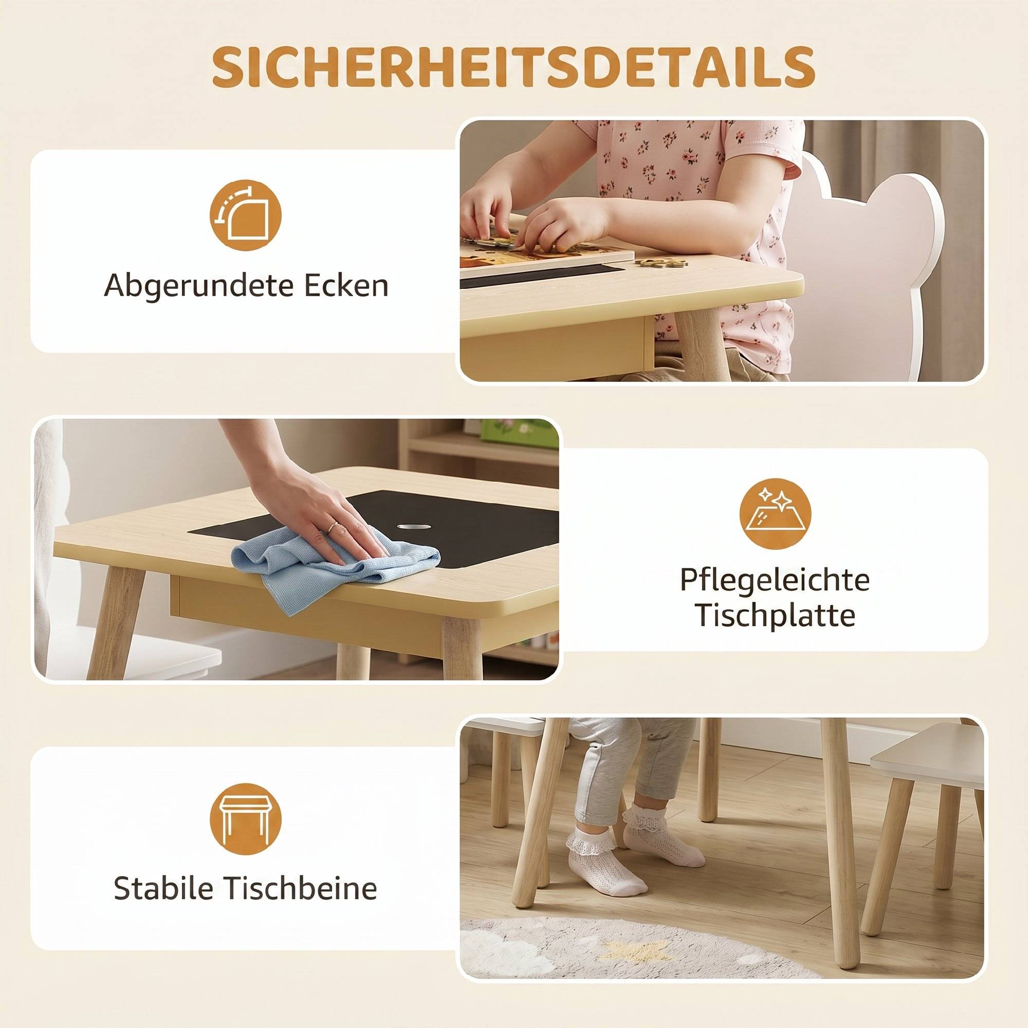 Table enfant avec 2 chaises, rangement, dossier forme ours, 3-6 ans, bois naturel - Image 9