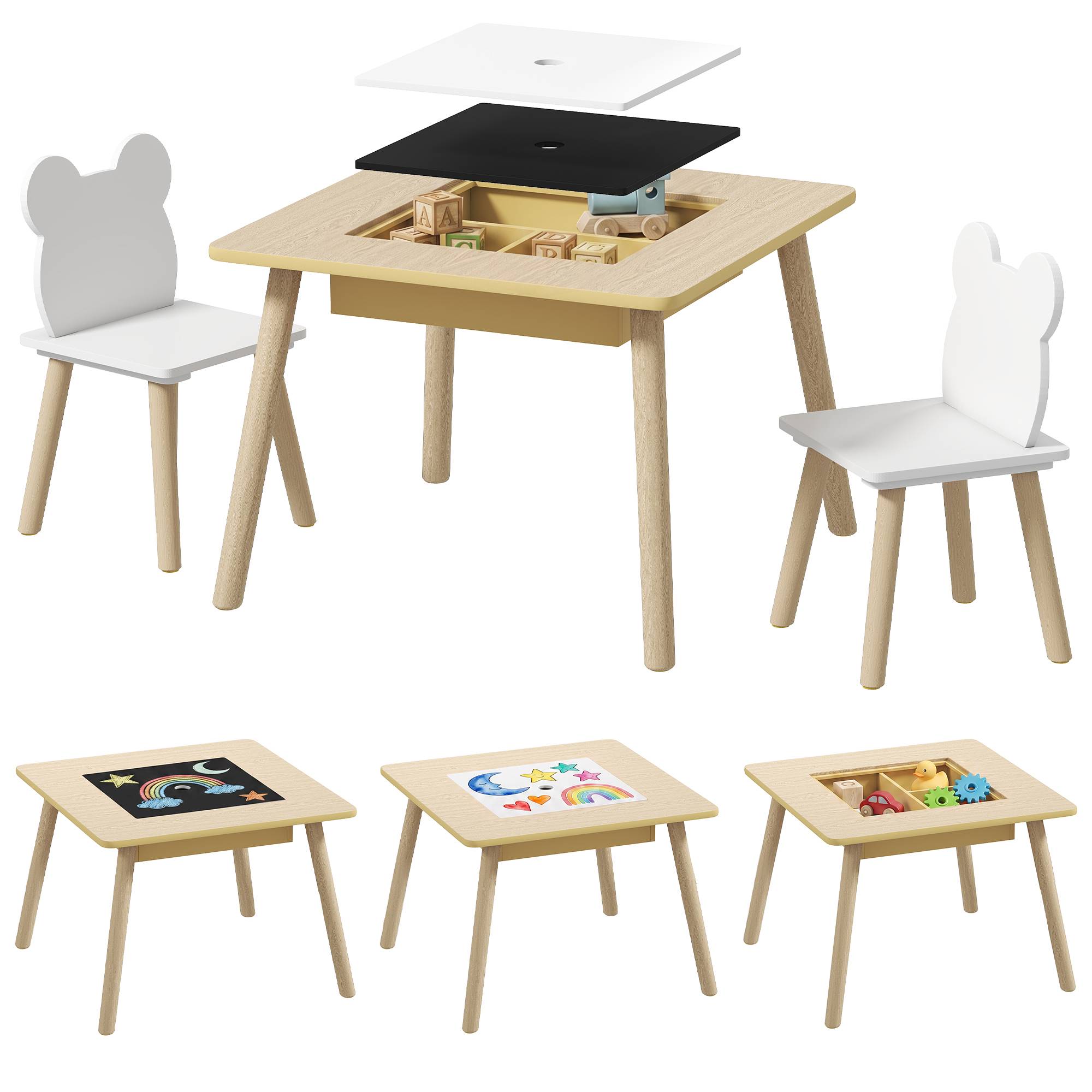 Table enfant avec 2 chaises, rangement, dossier forme ours, 3-6 ans, bois naturel - Image 1