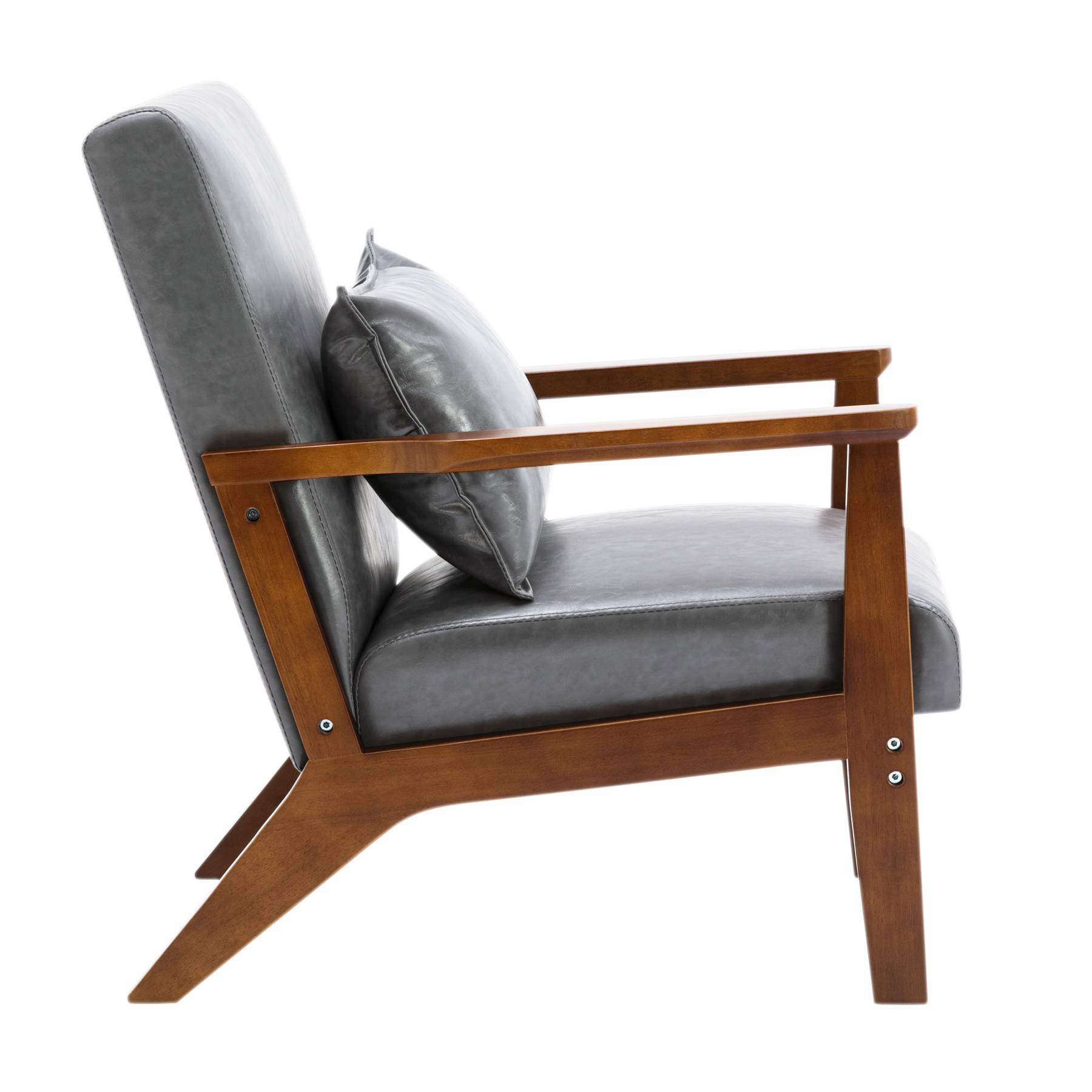 0 - Fauteuil rembourré style vintage en bois massif – Chaise de bureau/chambre (68,5 x 81 x 80 cm) en simili-cuir gris - Image 5