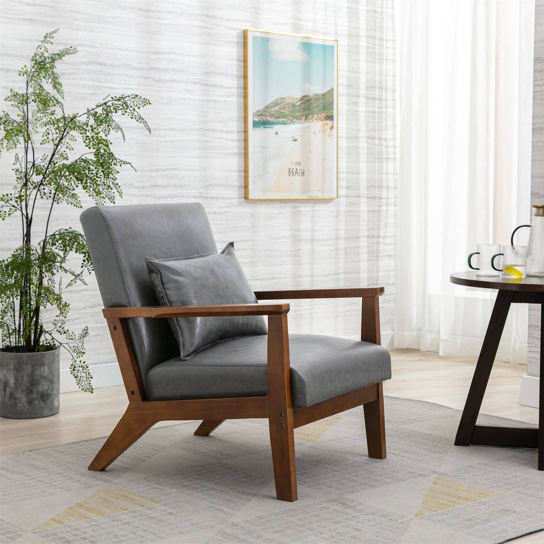 0 - Fauteuil rembourré style vintage en bois massif – Chaise de bureau/chambre (68,5 x 81 x 80 cm) en simili-cuir gris - Image 8