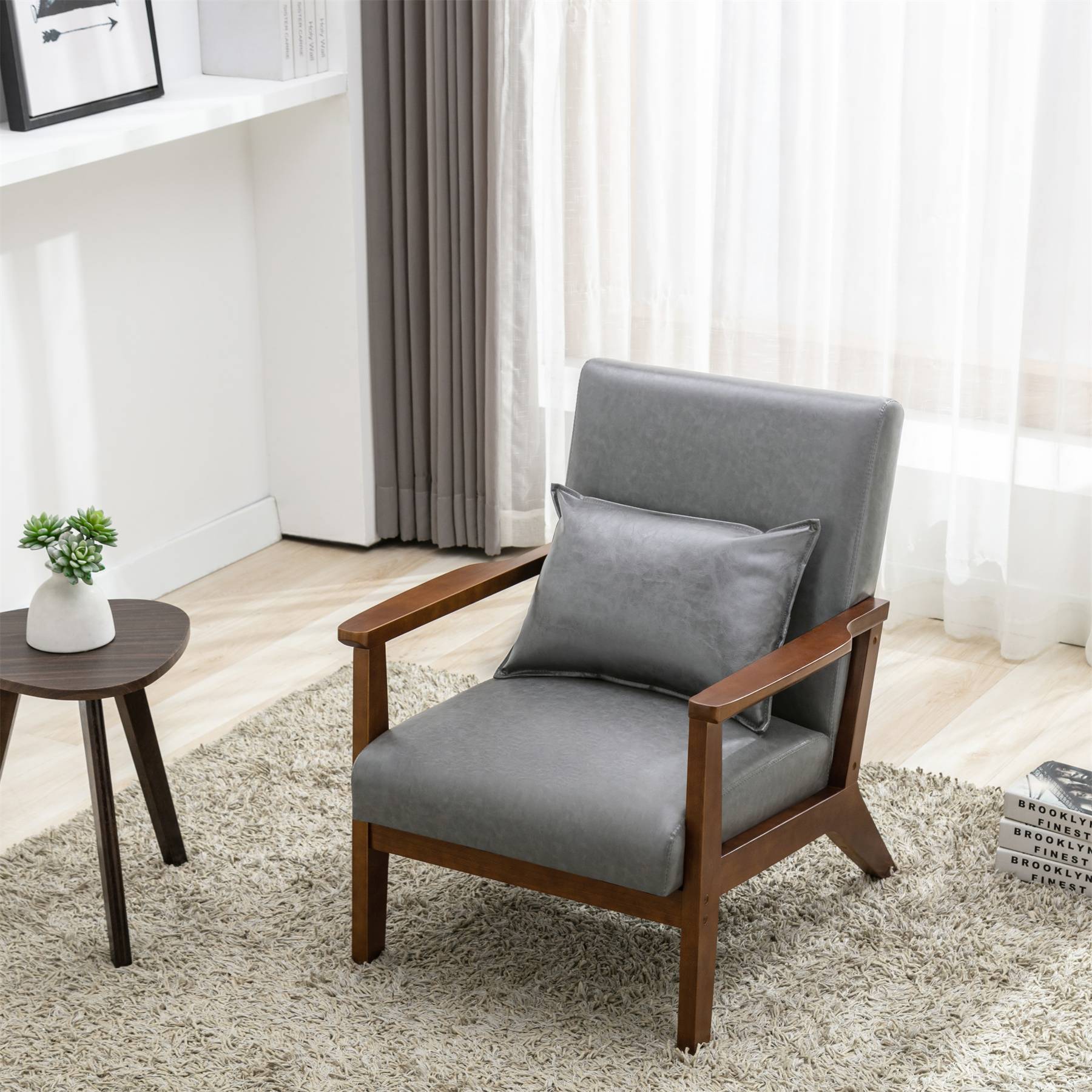 0 - Fauteuil rembourré style vintage en bois massif – Chaise de bureau/chambre (68,5 x 81 x 80 cm) en simili-cuir gris - Image 7