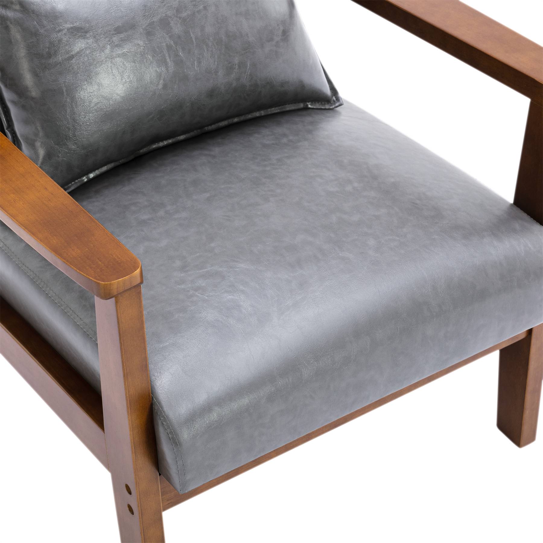 0 - Fauteuil rembourré style vintage en bois massif – Chaise de bureau/chambre (68,5 x 81 x 80 cm) en simili-cuir gris - Image 3
