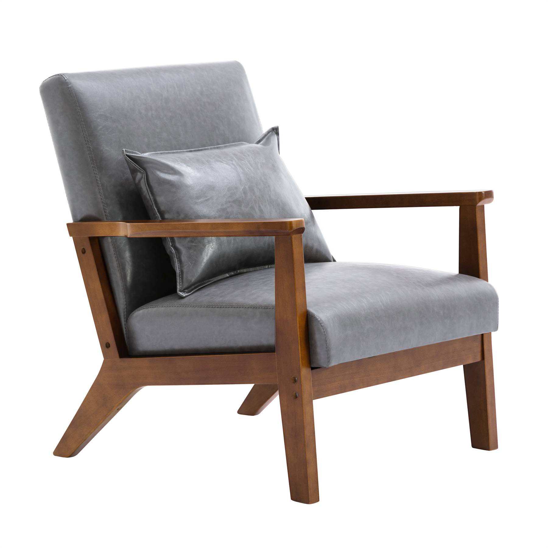0 - Fauteuil rembourré style vintage en bois massif – Chaise de bureau/chambre (68,5 x 81 x 80 cm) en simili-cuir gris - Image 4