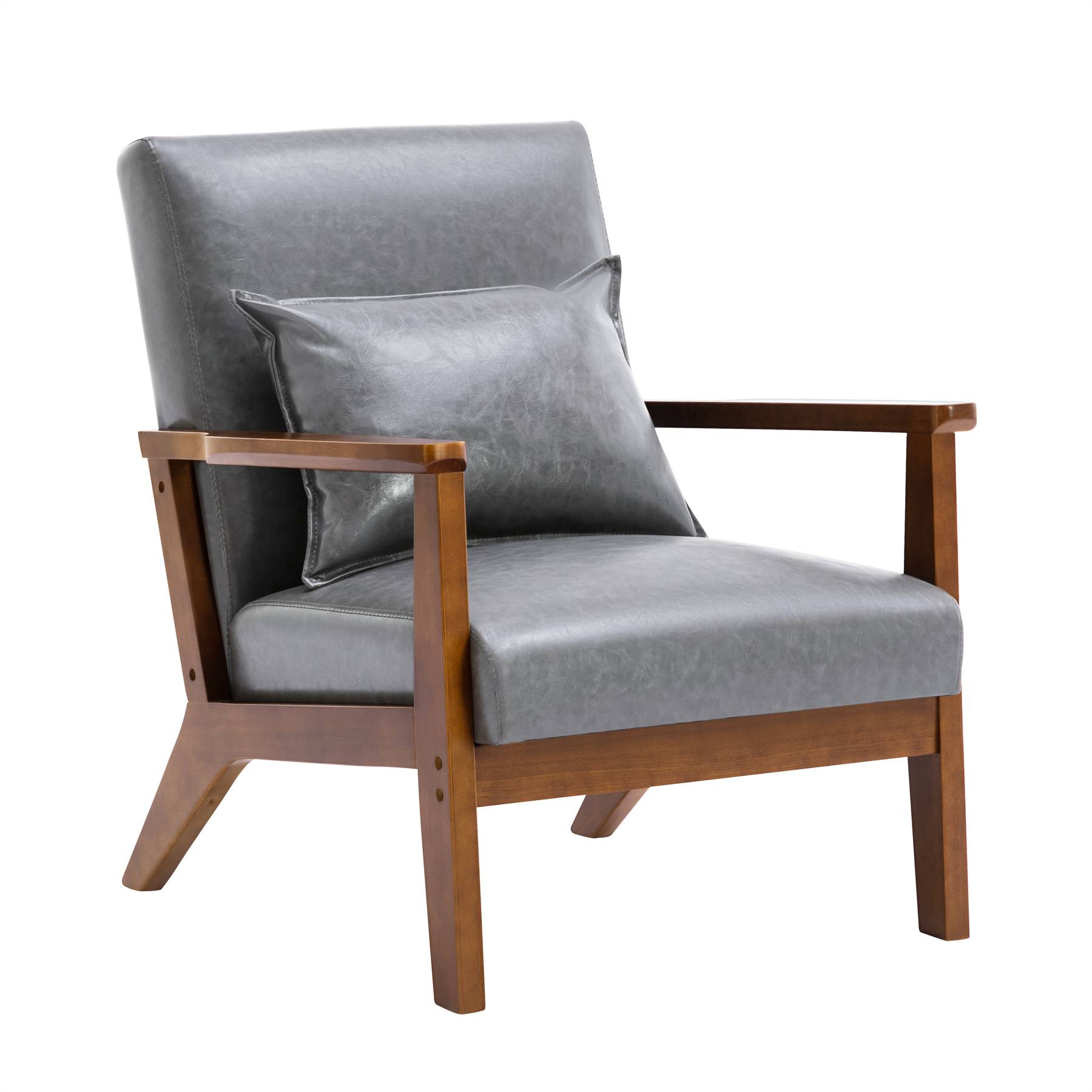 0 - Fauteuil rembourré style vintage en bois massif – Chaise de bureau/chambre (68,5 x 81 x 80 cm) en simili-cuir gris - Image 1
