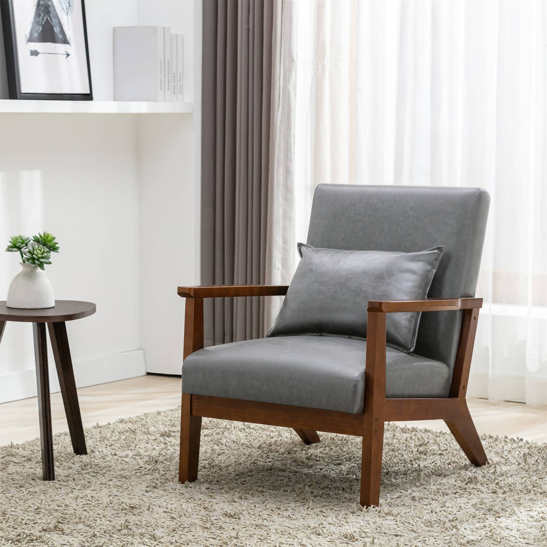 0 - Fauteuil rembourré style vintage en bois massif – Chaise de bureau/chambre (68,5 x 81 x 80 cm) en simili-cuir gris - Image 6