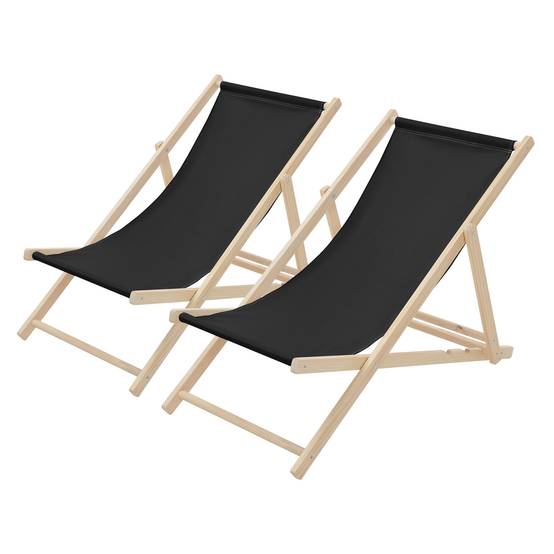 Set 2x Chaise longue de jardin pliable noir en bois chiliennes 3 positions de couchage jusqu'à 120 kg usage intérieur et extérieur balcon terrasse - Image 1