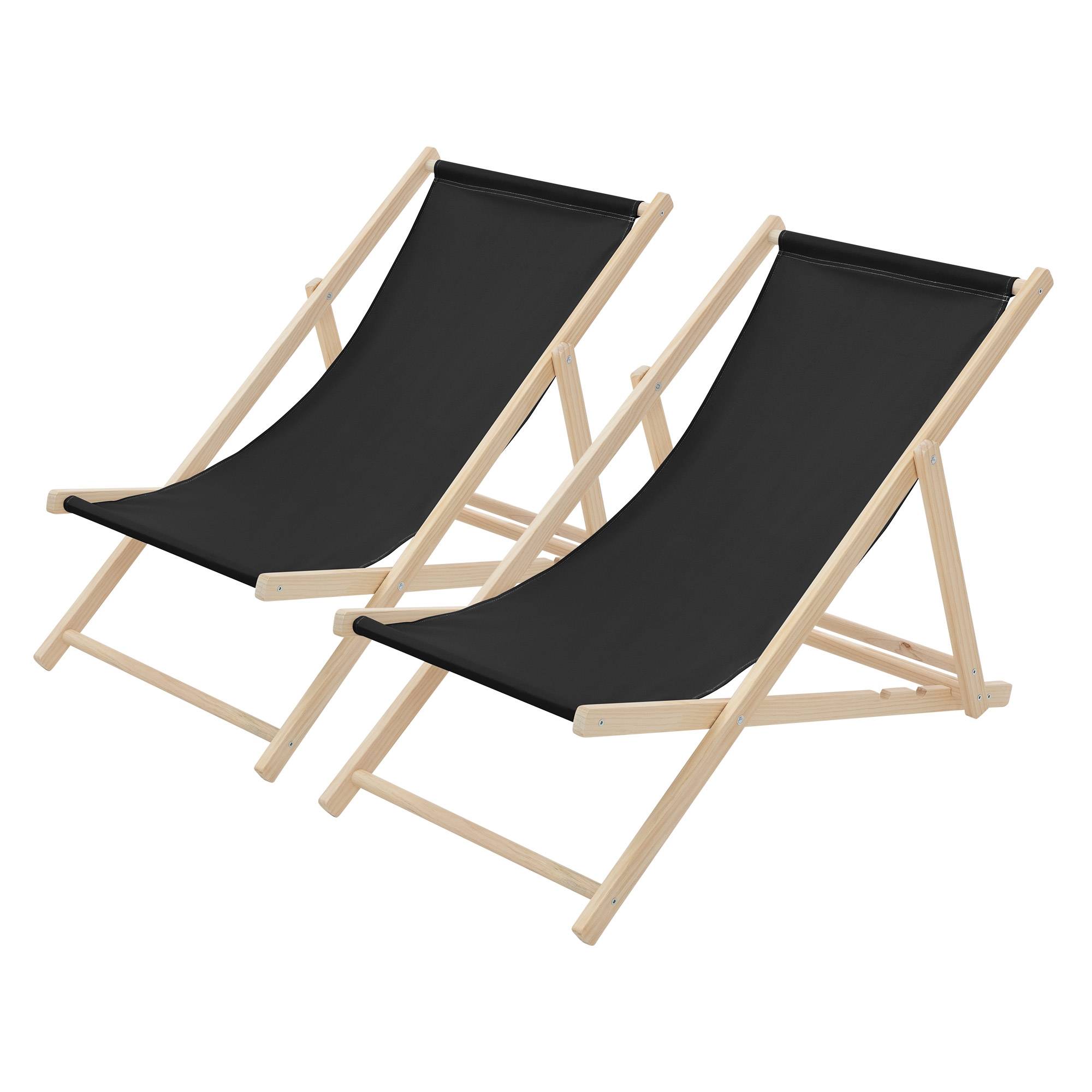 Set 2x Chaise longue de jardin pliable noir en bois chiliennes 3 positions de couchage  jusqu'à 120 kg usage intérieur et extérieur balcon terrasse - Image 1