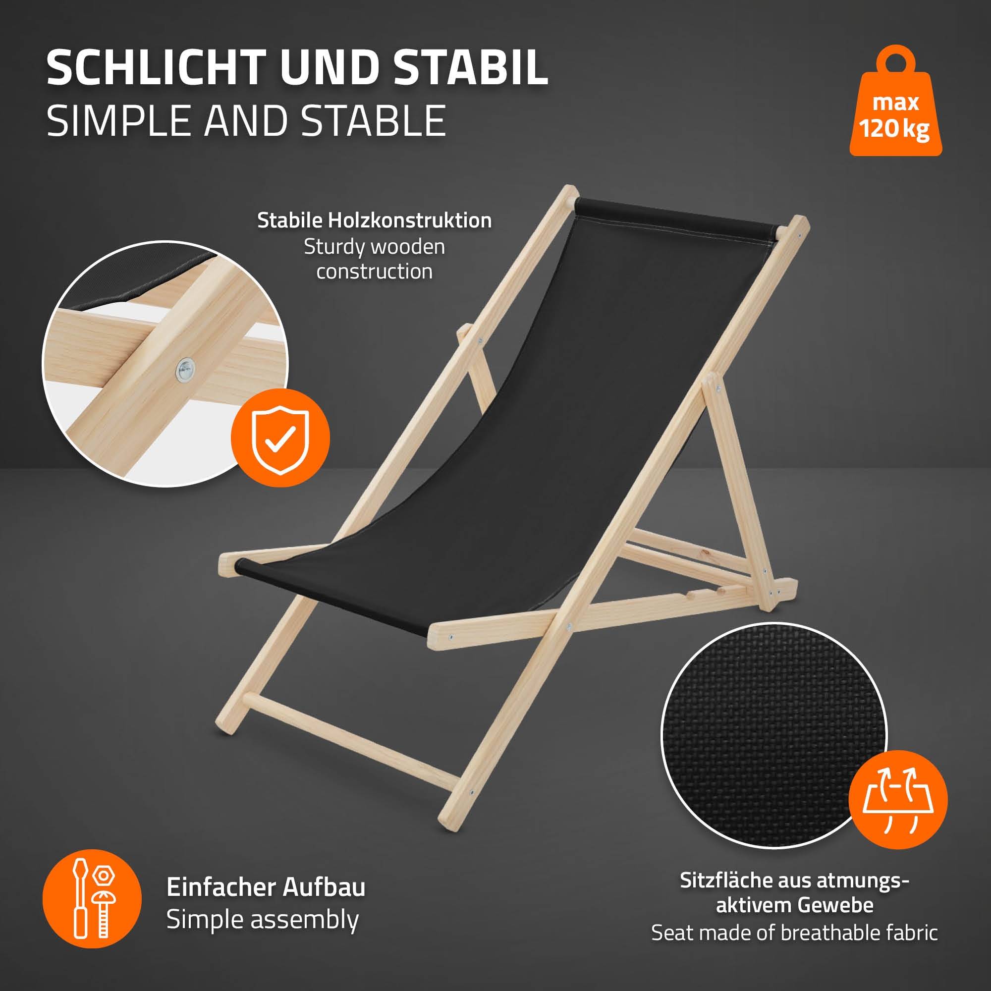 Set 2x Chaise longue de jardin pliable noir en bois chiliennes 3 positions de couchage  jusqu'à 120 kg usage intérieur et extérieur balcon terrasse - Image 3
