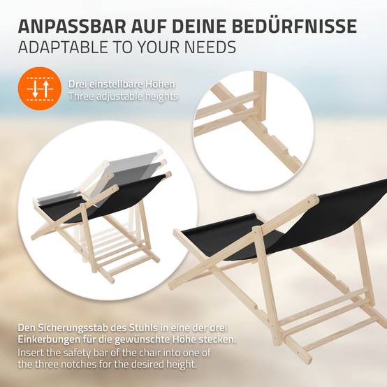 Set 2x Chaise longue de jardin pliable noir en bois chiliennes 3 positions de couchage jusqu'à 120 kg usage intérieur et extérieur balcon terrasse - Image 4