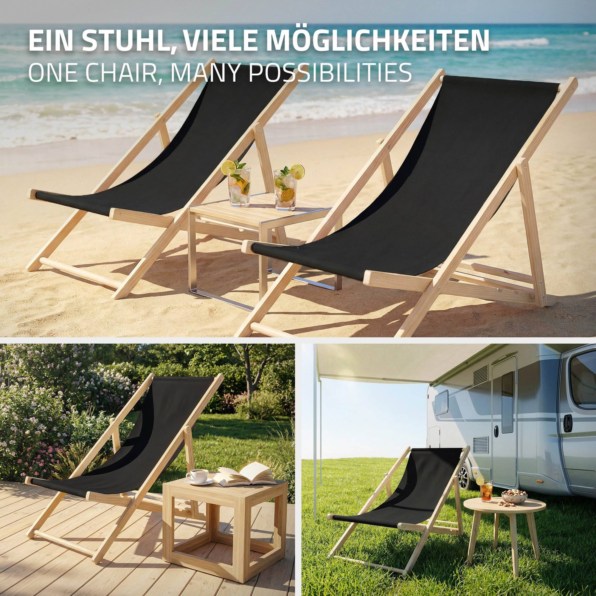 Set 2x Chaise longue de jardin pliable noir en bois chiliennes 3 positions de couchage  jusqu'à 120 kg usage intérieur et extérieur balcon terrasse - Image 6