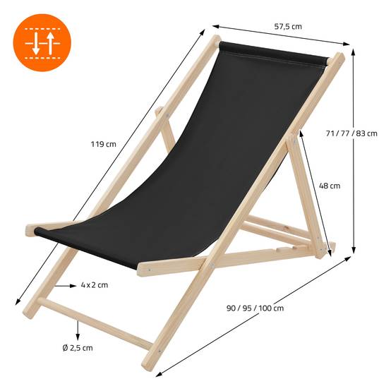 Set 2x Chaise longue de jardin pliable noir en bois chiliennes 3 positions de couchage jusqu'à 120 kg usage intérieur et extérieur balcon terrasse - Image 8