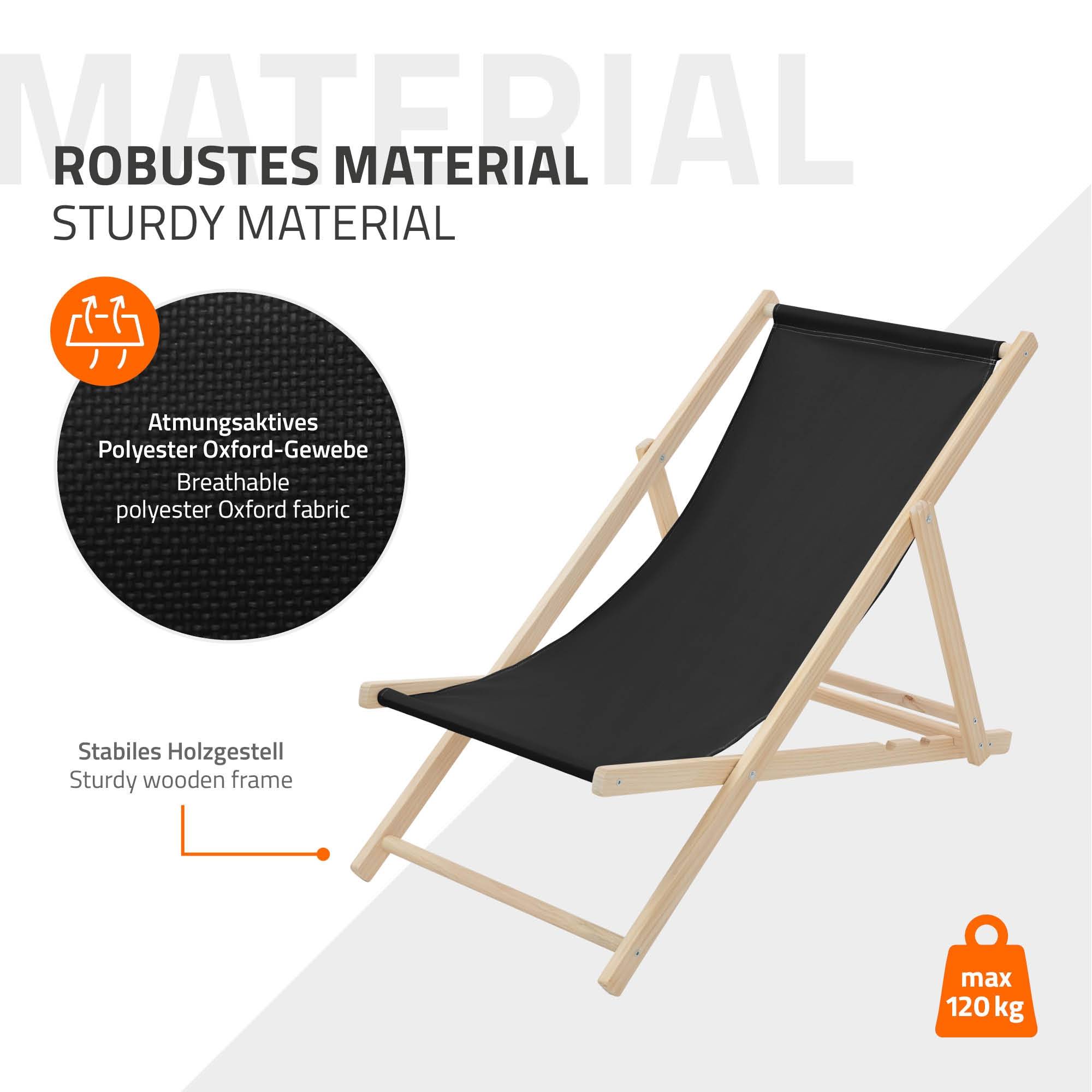 Set 2x Chaise longue de jardin pliable noir en bois chiliennes 3 positions de couchage  jusqu'à 120 kg usage intérieur et extérieur balcon terrasse - Image 7