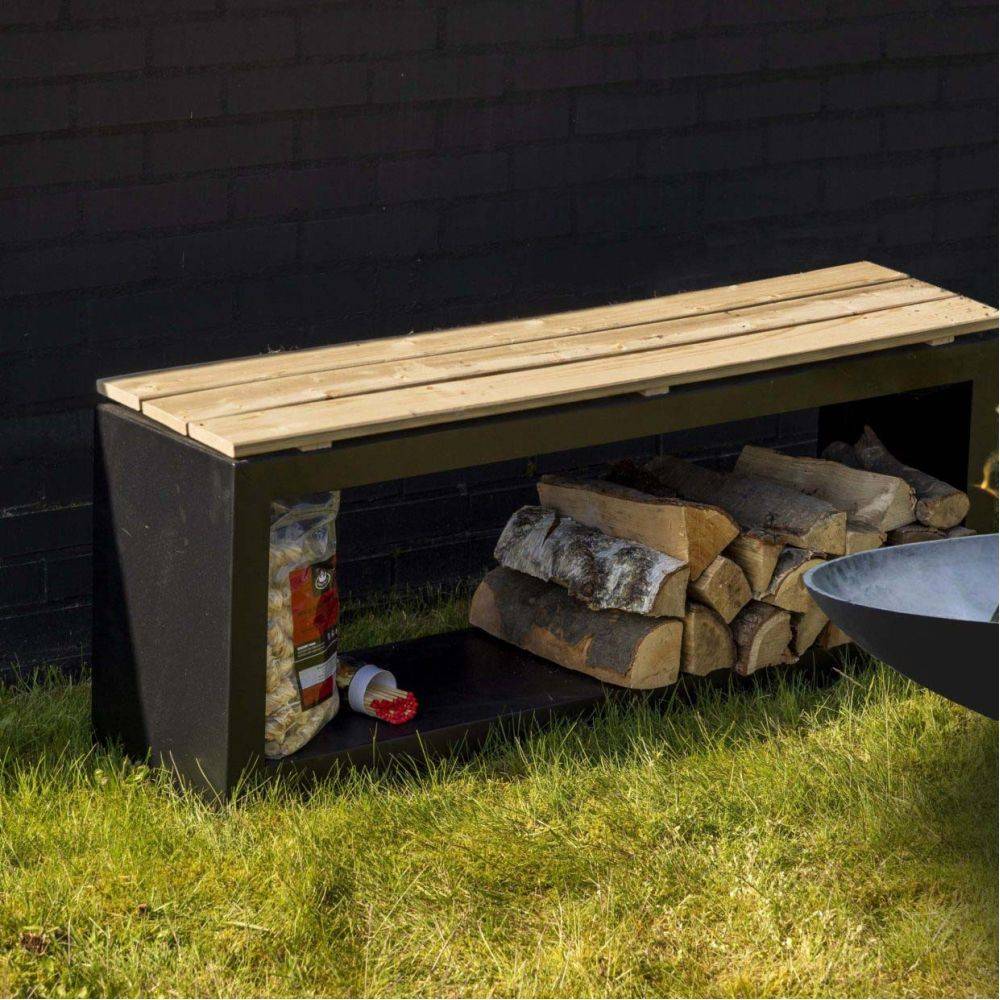 Esschert Design - Banc acier et bois avec rangement à bûches Droit - Imagen 2
