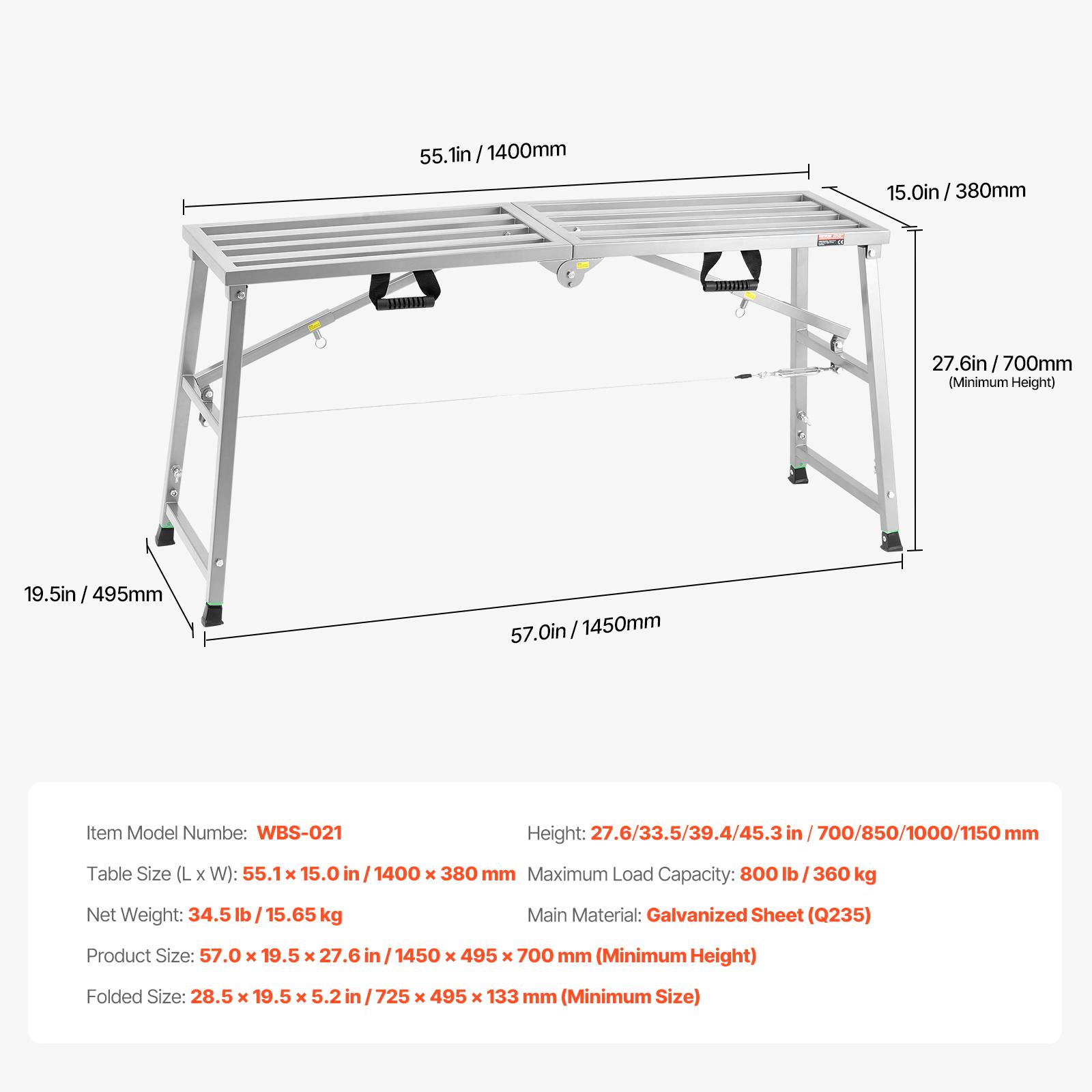 Vevor - VEVOR Plateforme travail échafaudage pliant, hauteurs 700-1150 mm, charge 360 kg. Acier allié. - Image 7