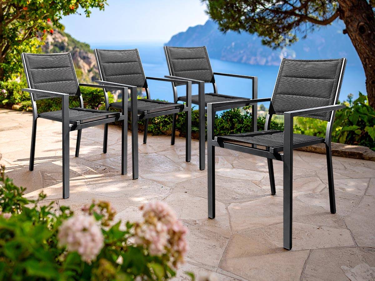 Lot de 4 Fauteuils avec structure aluminium et textilène matelassé gris, empilables, Ibiza anthracite - Jardiline - Imagen 2