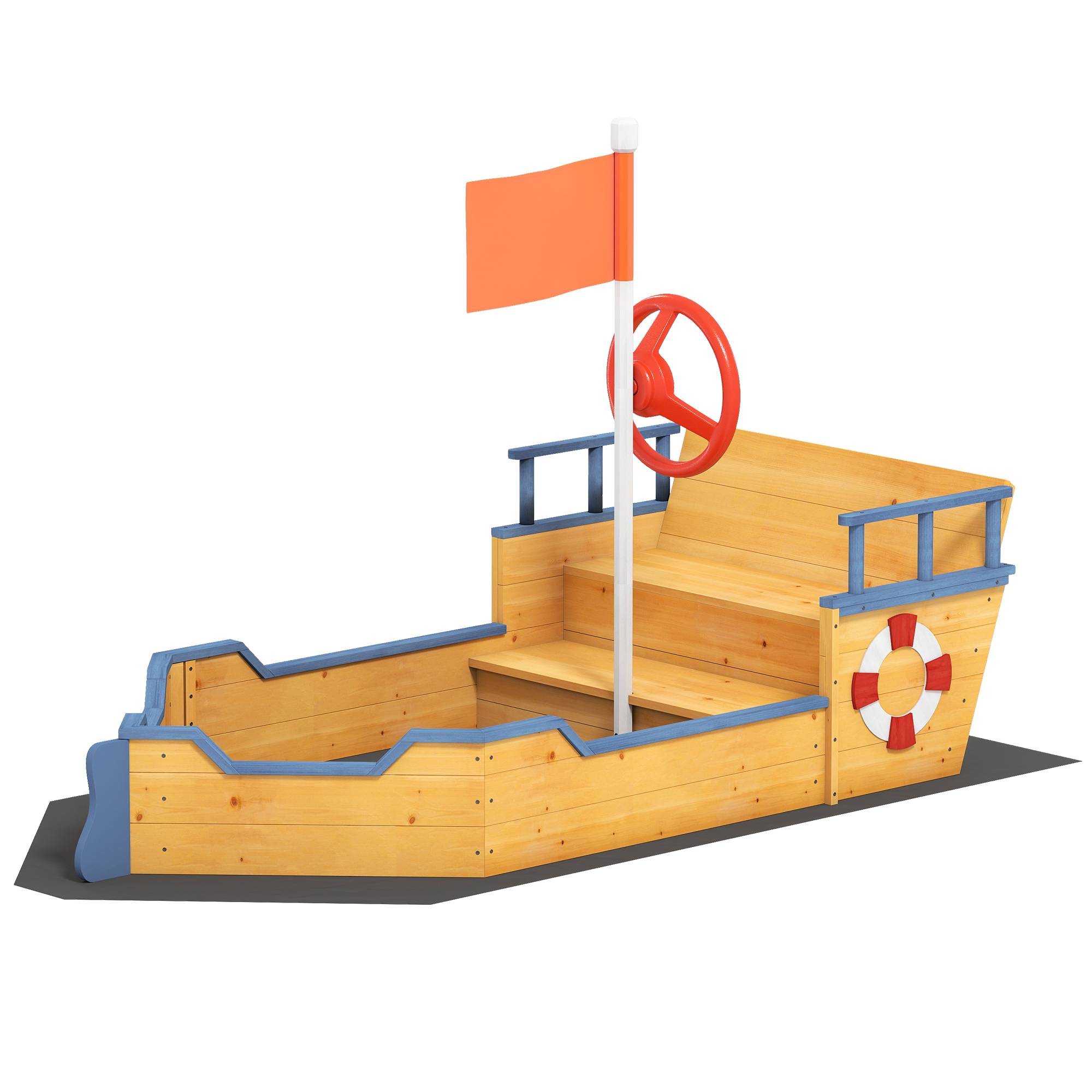 Bac à sable forme de bateau pirate boîte à sable pour enfant gouvernail drapeau rouge 2 marches et espace de rangement - Image 2