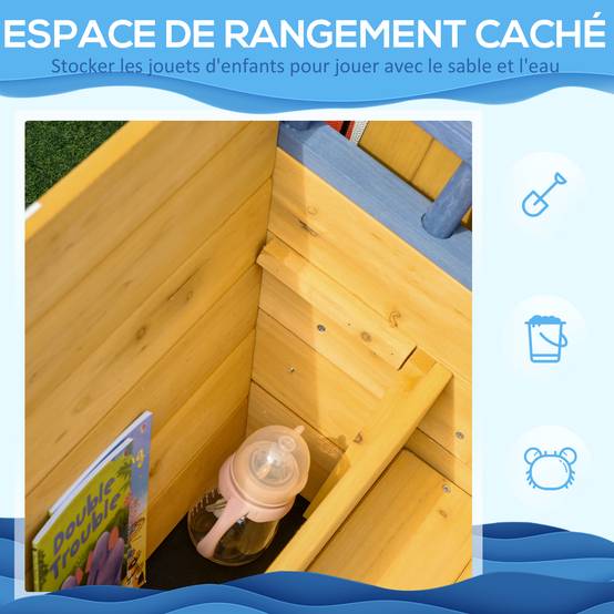 Bac à sable forme de bateau pirate boîte à sable pour enfant gouvernail drapeau rouge 2 marches et espace de rangement - Image 10