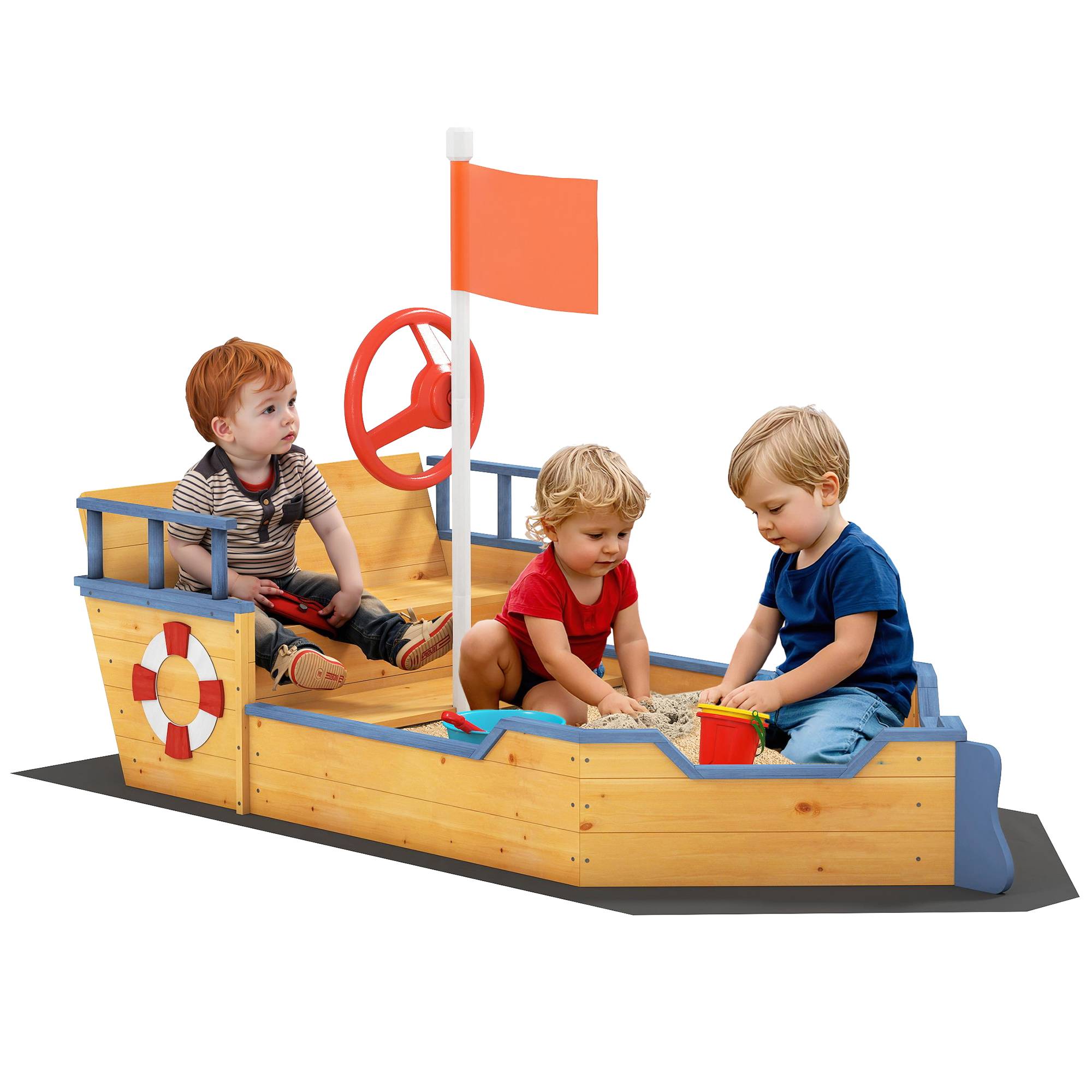 Bac à sable forme de bateau pirate boîte à sable pour enfant gouvernail drapeau rouge 2 marches et espace de rangement - Image 1