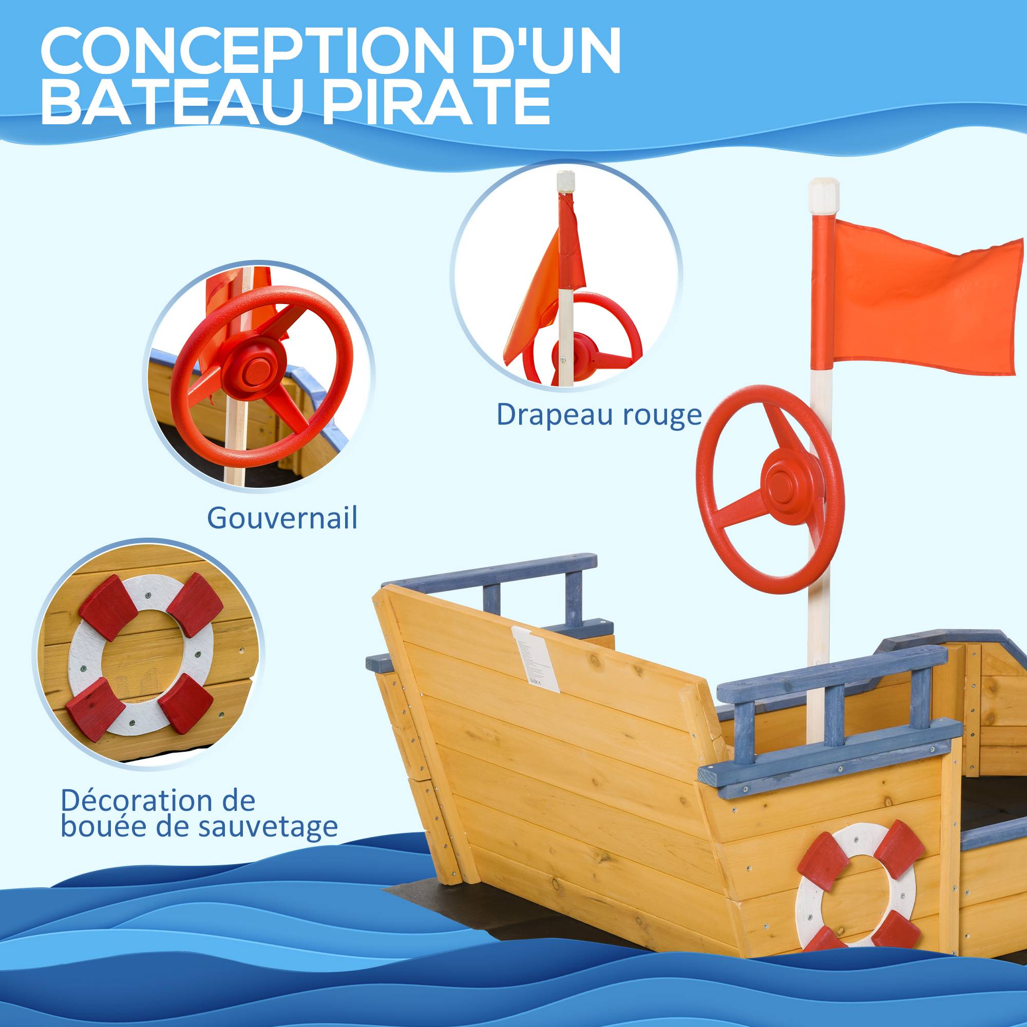 Bac à sable forme de bateau pirate boîte à sable pour enfant gouvernail drapeau rouge 2 marches et espace de rangement - Image 6
