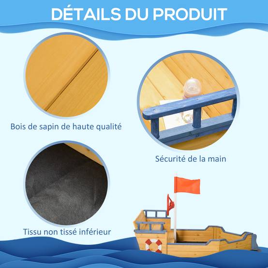 Bac à sable forme de bateau pirate boîte à sable pour enfant gouvernail drapeau rouge 2 marches et espace de rangement - Image 9