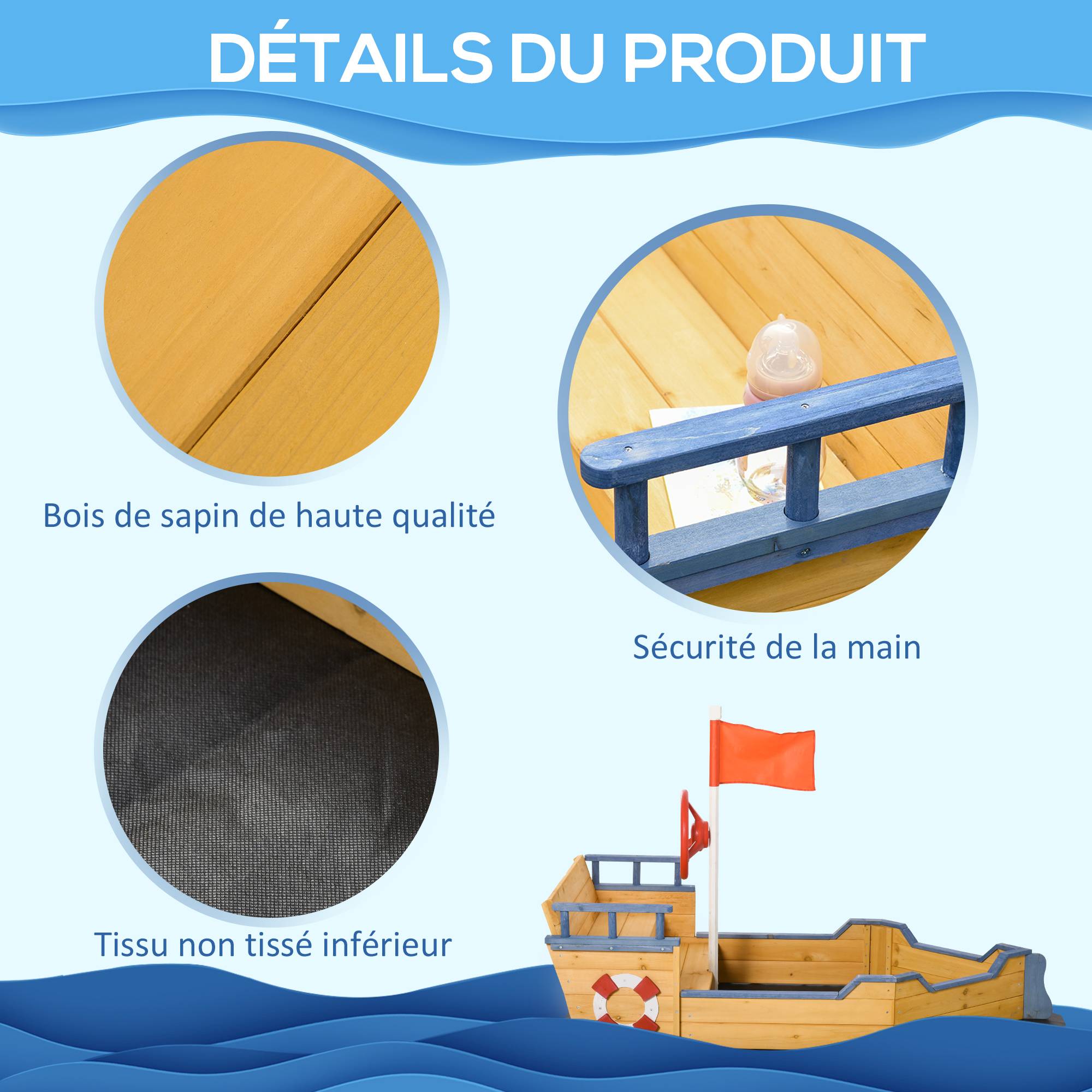 Bac à sable forme de bateau pirate boîte à sable pour enfant gouvernail drapeau rouge 2 marches et espace de rangement - Image 9