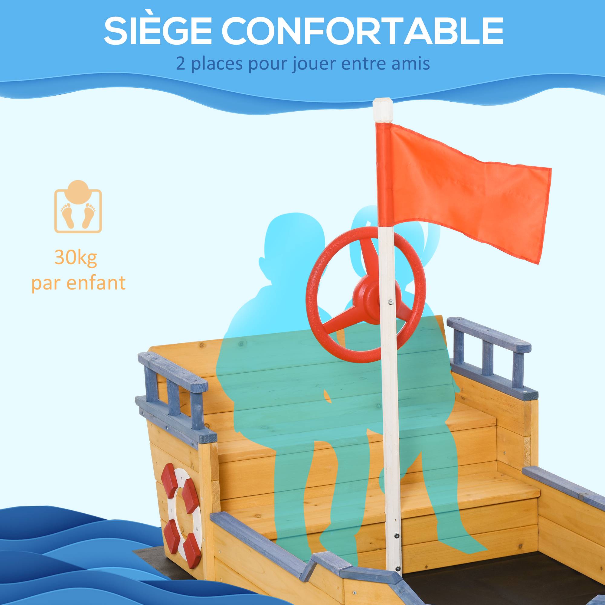 Bac à sable forme de bateau pirate boîte à sable pour enfant gouvernail drapeau rouge 2 marches et espace de rangement - Image 7