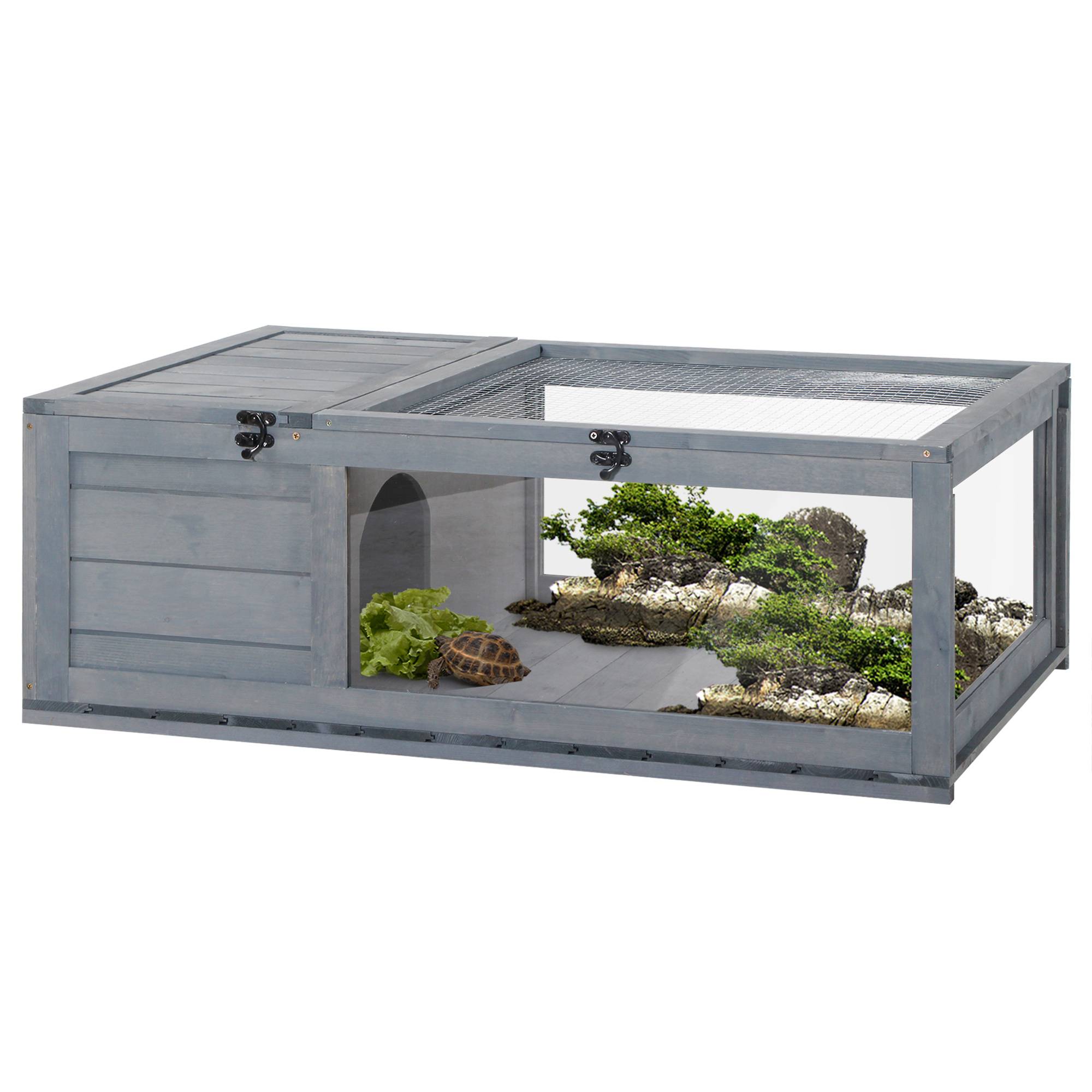 Sans Marque - Casa para Tortugas de Madera con Techo de Malla y Paneles Laterales Transparentes Extraíbles 91x60,5x32 cm Gris