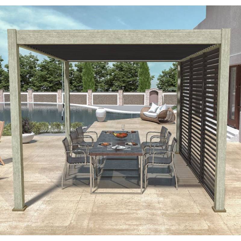 Ombrea - Pergola bioclimatique Ombréa 3x4M autoportée Woodlook/Anthracite + 1 panneau brise vue 1M Anthracite VS - Image 1