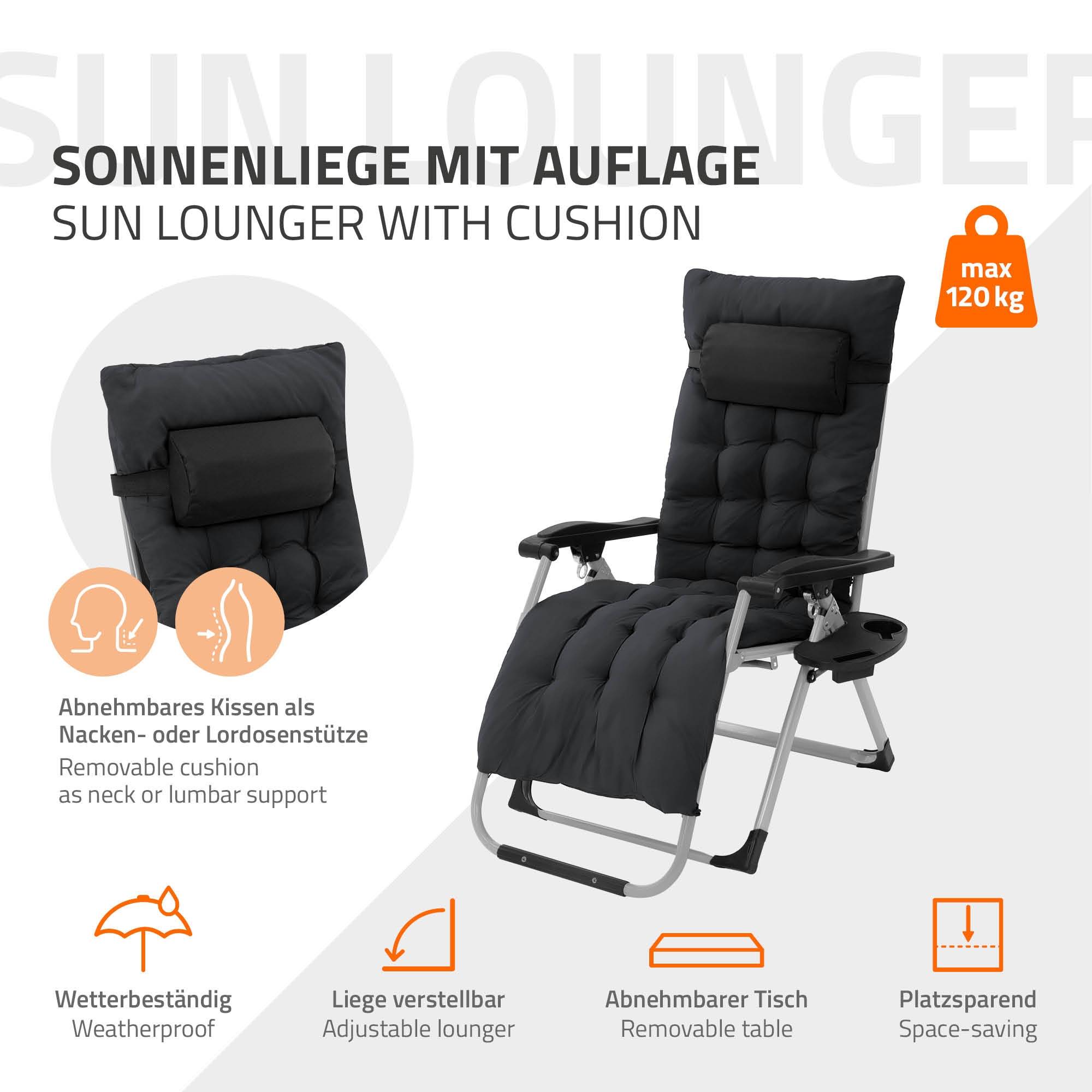 Ecd-Germany - Chaise Longue Pliante Noire, avec Porte-Boisson, en Métal et Textile, Bain de Soleil Extra Large - Imagen 2