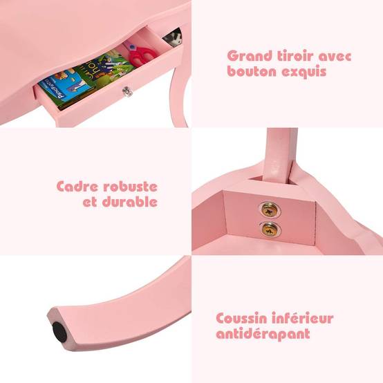 Coiffeuse Enfant Rose avec Tabouret, Table de Maquillage 70 x 34 x 103 CM, Rose - Image 5