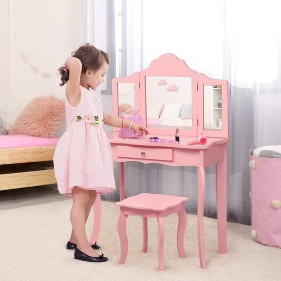 Coiffeuse Enfant Rose avec Tabouret, Table de Maquillage 70 x 34 x 103 CM, Rose - Image 2