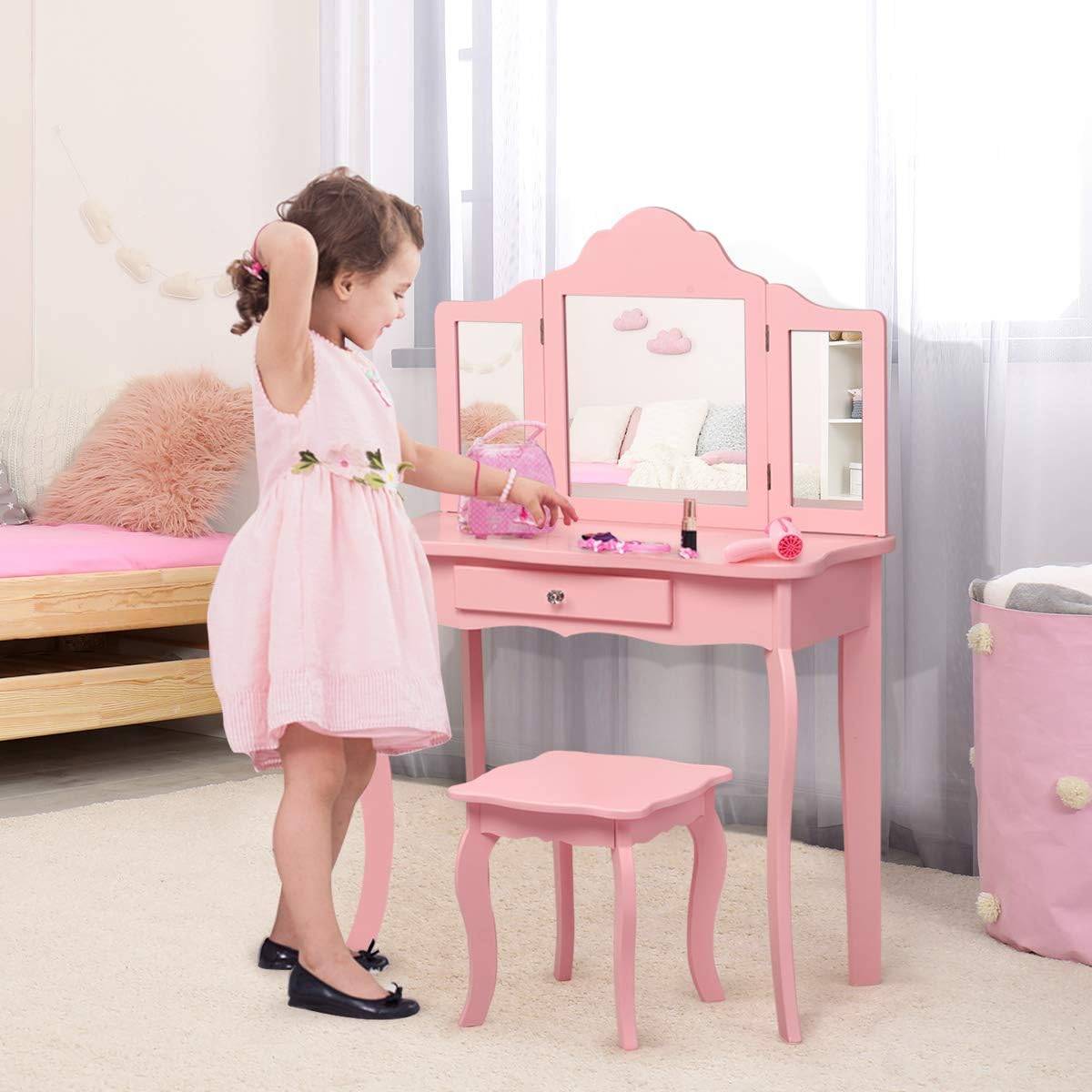 Coiffeuse Enfant Rose avec Tabouret, Table de Maquillage  70 x 34 x 103 CM, Rose - Image 2