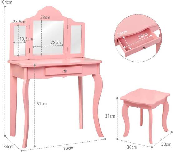 Coiffeuse Enfant Rose avec Tabouret, Table de Maquillage 70 x 34 x 103 CM, Rose - Image 3