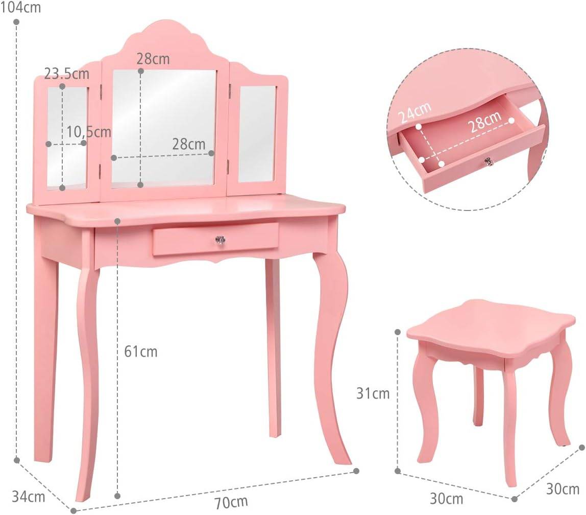 Coiffeuse Enfant Rose avec Tabouret, Table de Maquillage  70 x 34 x 103 CM, Rose - Image 3