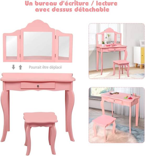 Coiffeuse Enfant Rose avec Tabouret, Table de Maquillage 70 x 34 x 103 CM, Rose - Image 7