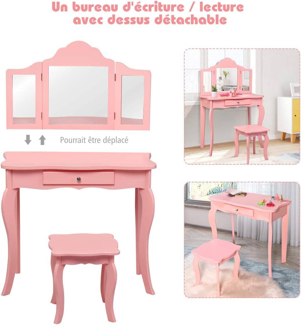 Coiffeuse Enfant Rose avec Tabouret, Table de Maquillage  70 x 34 x 103 CM, Rose - Image 7