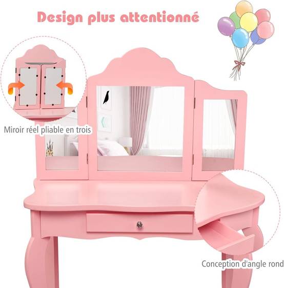 Coiffeuse Enfant Rose avec Tabouret, Table de Maquillage 70 x 34 x 103 CM, Rose - Image 4