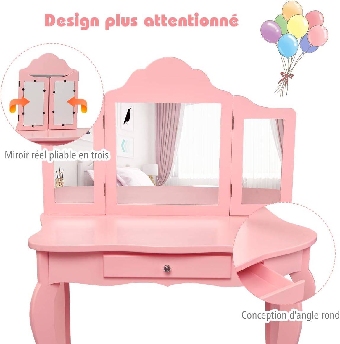 Coiffeuse Enfant Rose avec Tabouret, Table de Maquillage  70 x 34 x 103 CM, Rose - Image 4