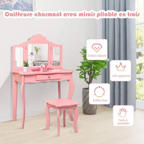 Coiffeuse Enfant Rose avec Tabouret, Table de Maquillage 70 x 34 x 103 CM, Rose - Image 6