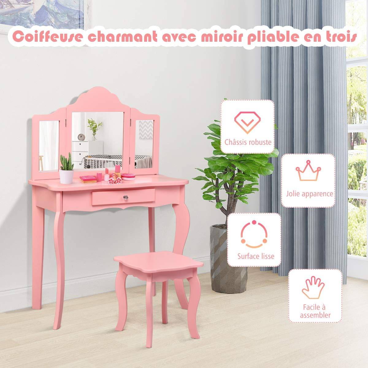 Coiffeuse Enfant Rose avec Tabouret, Table de Maquillage  70 x 34 x 103 CM, Rose - Image 6