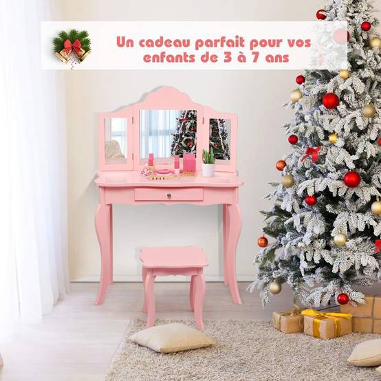 Coiffeuse Enfant Rose avec Tabouret, Table de Maquillage 70 x 34 x 103 CM, Rose - Image 8