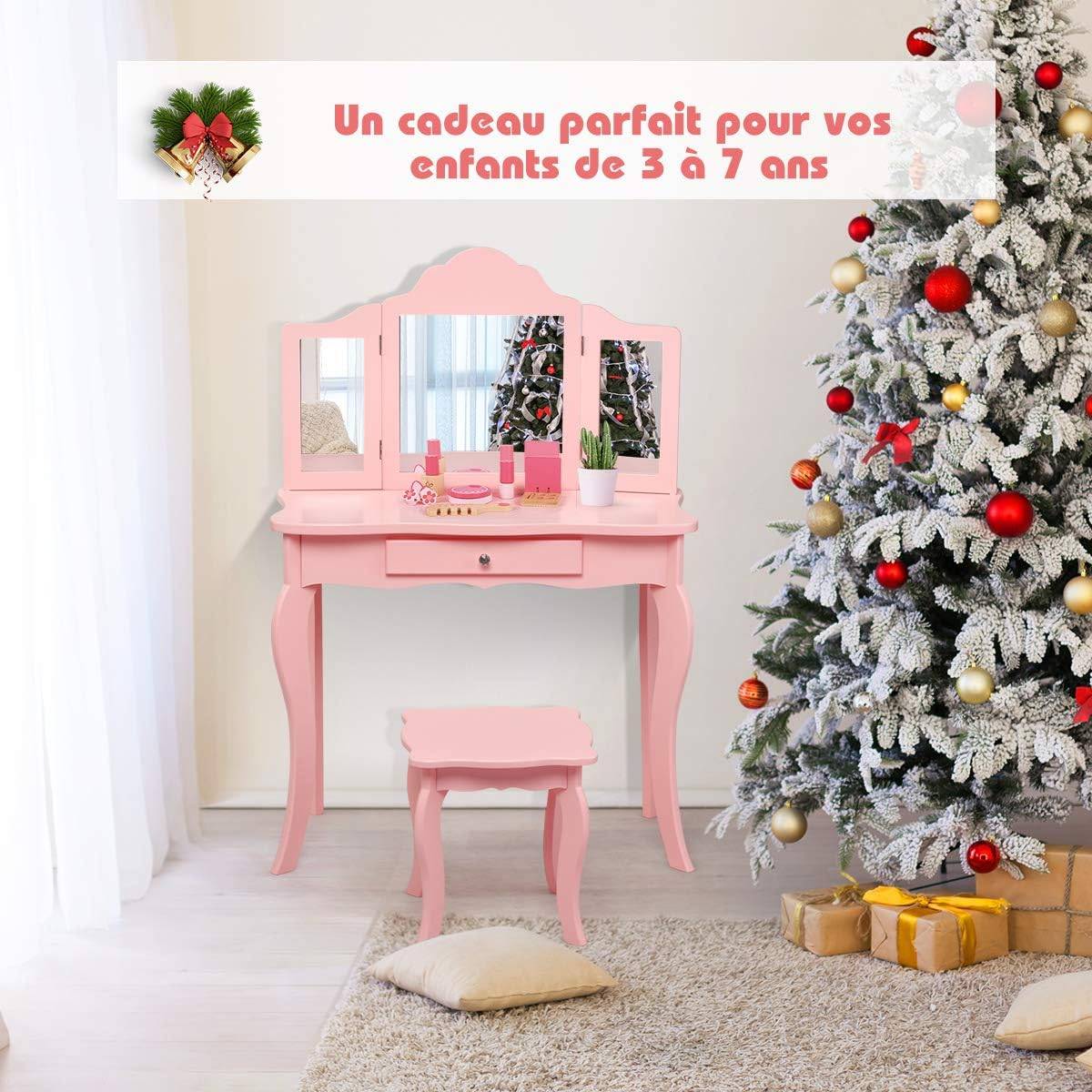 Coiffeuse Enfant Rose avec Tabouret, Table de Maquillage  70 x 34 x 103 CM, Rose - Image 8