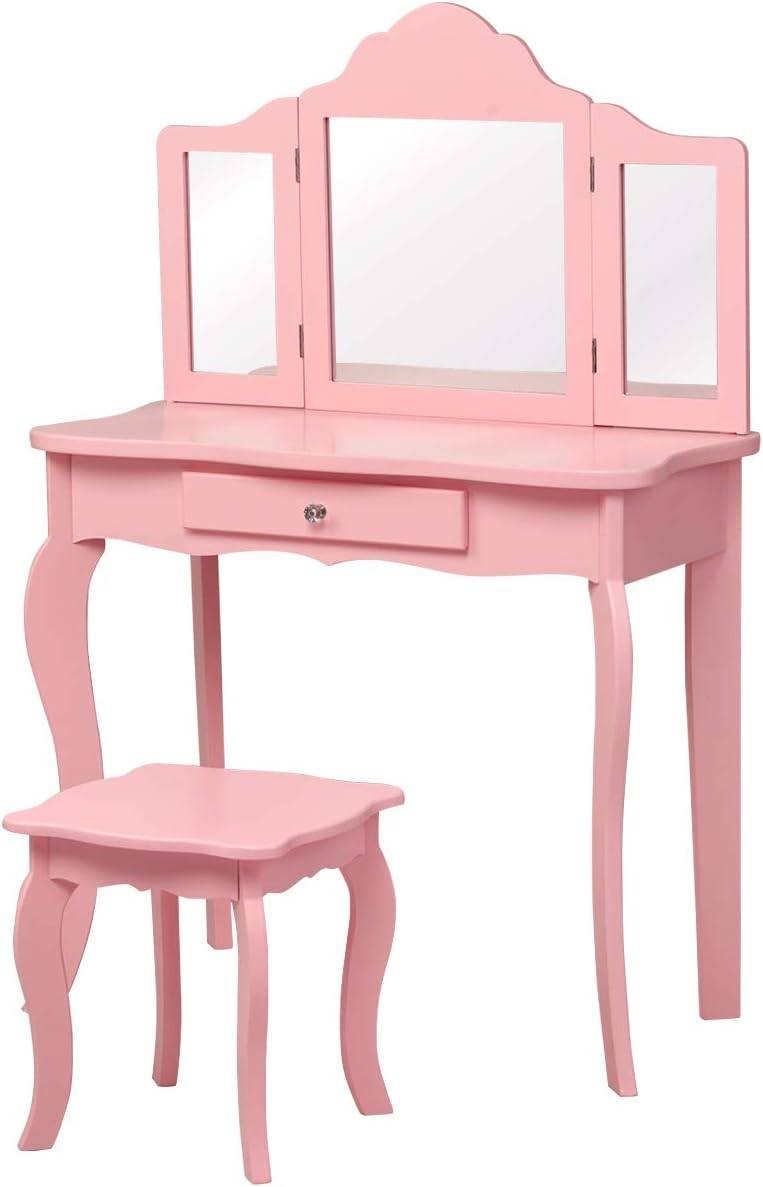Coiffeuse Enfant Rose avec Tabouret, Table de Maquillage  70 x 34 x 103 CM, Rose - Image 1