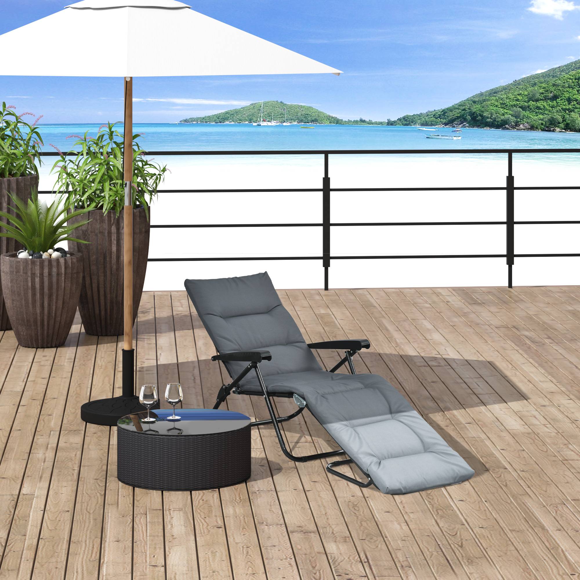 Sans Marque - Bain de soleil pliable transat inclinable 6 positions avec matelas + accoudoirs acier polyester gris - Image 3