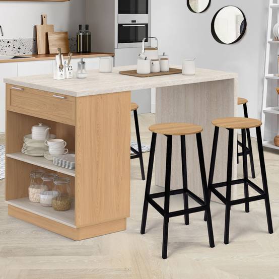 Ilot central mange-debout 4 personnes VITO 130 cm bois et plateau effet travertin - Image 1