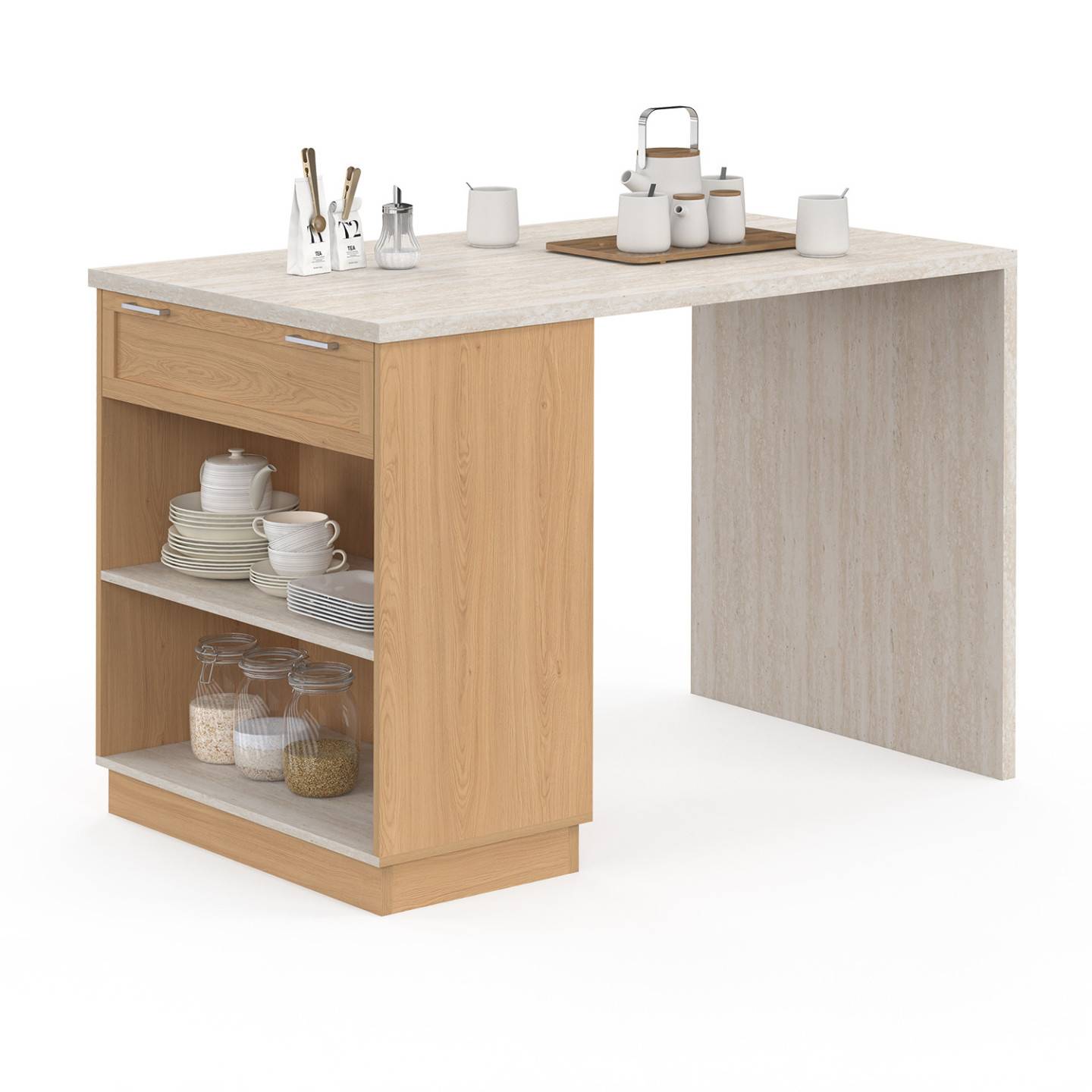 Ilot central mange-debout 4 personnes VITO 130 cm bois et plateau effet travertin - Image 2